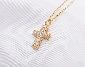 Christmas Gift- Tiny Diamond Cross Necklace- 14K Solid Gold Diamond Cross Necklace- Diamond Cross Pendant- Tiny Diamond Cross