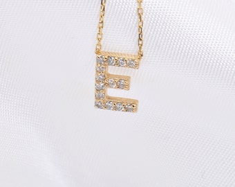 Christmas Gift/ E Diamond Initial Necklace/ 14K Gold Diamond Initial Necklace/ Diamond Initial Necklace
