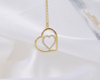 Christmas Gift For Her, Gift For Mom, Diamond Heart Necklace, Diamond Heart, 14k Solid Gold Heart Necklace, Diamond Heart Pendant