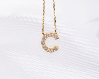 C initial Diamond Necklace/ 14K Solid Gold Diamond Initial Necklace/ Diamond Letter Necklace/ Valentines Day Gift