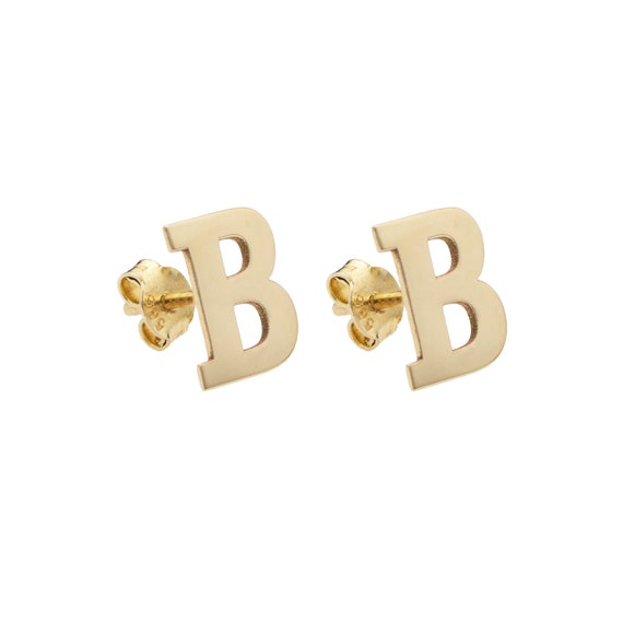 14K Solid Gold Earrings, Gold Initial Stud Earrings / Alphabet ...