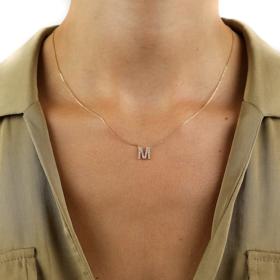 14K Solid Gold Diamond Initial Necklace - Push Present for Wife - Etsy