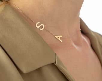 Gift For Your Girlfriend, 14K Solid Gold Off Center Letter Necklace, Sideways Initial Necklace, Minimalist Name Necklace
