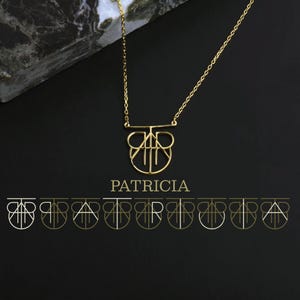 May include: Gold necklace with a geometric design pendant that spells out the name "PATRICIA". The pendant is made of thin gold wire and has a modern, minimalist style. The necklace is shown on a black background.