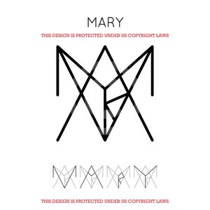 May include: A geometric design of the name "MARY" in black lines. The design is repeated five times in smaller sizes below the main design.