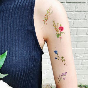 Temporary Tattoos Flower Set of 7, flower tattoos, rose,flower tattoo, pink, blue, red,yellow, handmade,floral temporary,body art,gift image 1