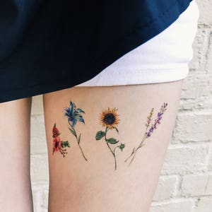 Flower Temporary Tattoos Set of 8, flower tattoos , lavender, rose, peony, lily, sunflower, pink, blue, red,yellow, handmade, gift