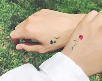 Mini temporary tattoos flower set of 4, flower tattoo,Rose,Cosmos, Poppy, Carnation,New Fall look,Handmade,floral temporary,body art, Winter