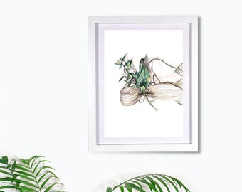 Leaf with Ribbon Watercolor Painting, Plants,  Wall art, leaf art, Print Copy, Art & Collectibles