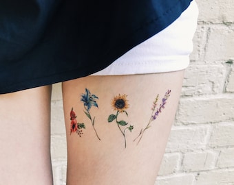Flower Temporary Tattoos Set of 8, flower tattoos , lavender, rose, peony, lily, sunflower, pink, blue, red,yellow, handmade, gift