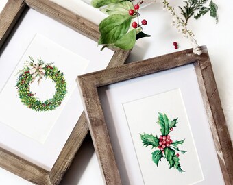 Set of 3 Personalized Gift For Women, Christmas wreath and holly and mistletoe Print,print of original watercolor, christmas cards printable