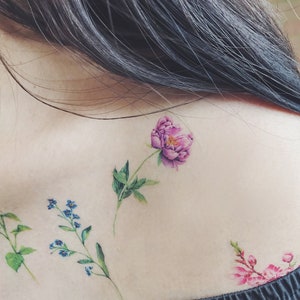 Flower Temporary Tattoos Set of 7, flower tattoos,peony, sunflower,cherry blossom ,forget me not tatttoo,handmade,floral temporary,body art