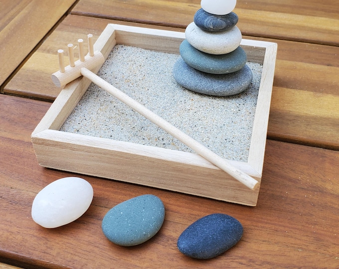 Small Square Desk Zen Meditation Garden * Sand Garden With Cairn & Rake ...