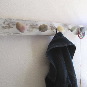 Rustic Beach Stone Coat Rack: Hand-Painted Wood, Coastal Decor