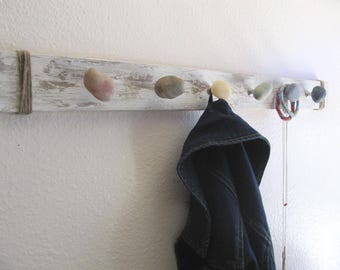 Rustic Beach Stone Coat Rack: Hand-Painted Wood, Coastal Decor