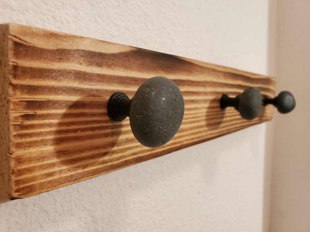 Rustic Beach Stone Rack * Torched Wood Rack With Beach Stones * Burnt ...