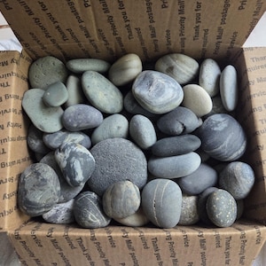 May include: A collection of smooth, rounded river stones in various shades of gray, ranging from light slate to dark charcoal, packed tightly inside a brown cardboard shipping box with Priority Mail branding printed on the interior flaps.