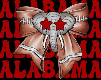 May include: A brown bow with a white stripe and a football-style lacing pattern. An elephant's head with red stars for eyes is centered in the bow. The background is red with the word "ALABAMA" repeated.