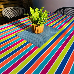 Outdoor Water Repellent Fabric Tablecloth Vibrant Multi Stripes Outdoor/Indoor Waterproof Tablecloth 150cm Wide, Cushions, Furniture Cover image 1