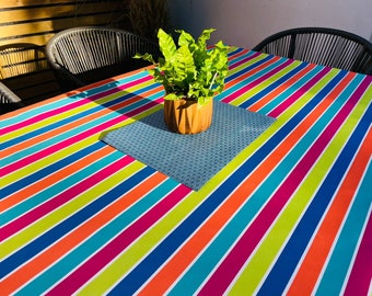 Outdoor Water Repellent Fabric Tablecloth - Vibrant Multi Stripes Outdoor/Indoor Waterproof Tablecloth 150cm Wide, Cushions, Furniture Cover