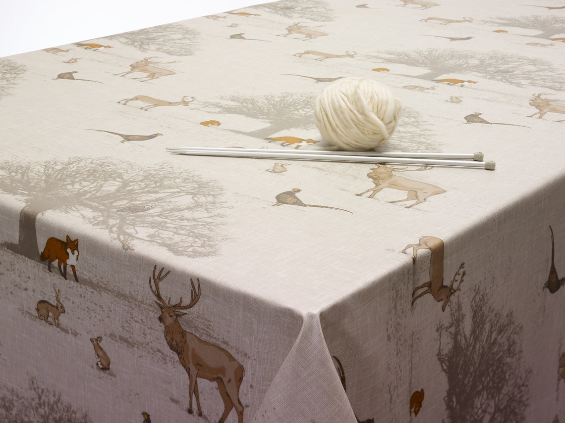 Oilcloth Wipe Clean Tablecloth Fabric Beige Stags Pheasants Etsy UK