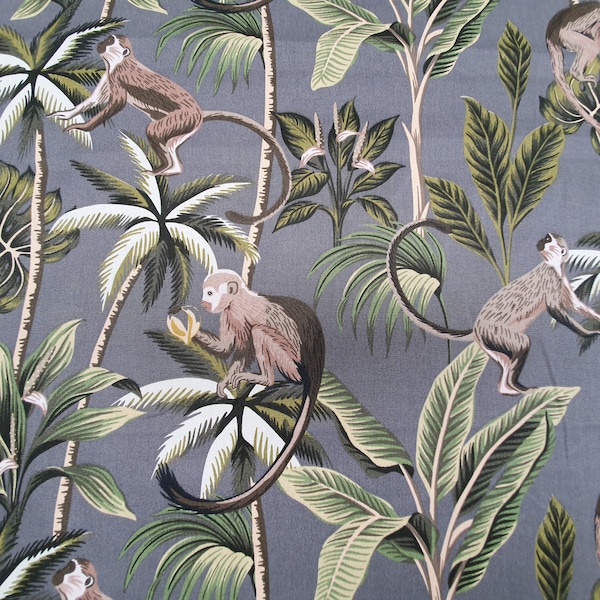 100% Cotton Fabric - Monkey Fabric - Grey - Great for Face Masks, Upholstery, Curtains , Roman Blinds, Cushions Crafting 140cm Wide