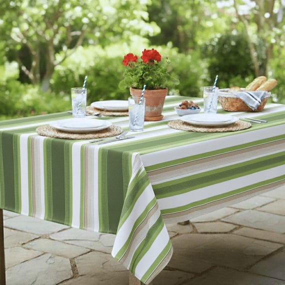 Outdoor Wasserabweisende Stoff Tischdecke-Wolacombe Olive Streifen Outdoor/Indoor wasserdichte Tischdecke 150 cm breit, Kissen, Möbelbezug
