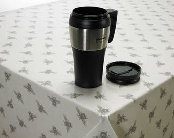 Oilcloth Wipe Clean Tablecloth Fabric - Grey Natural Bee Design - Round, Rectangle or Square