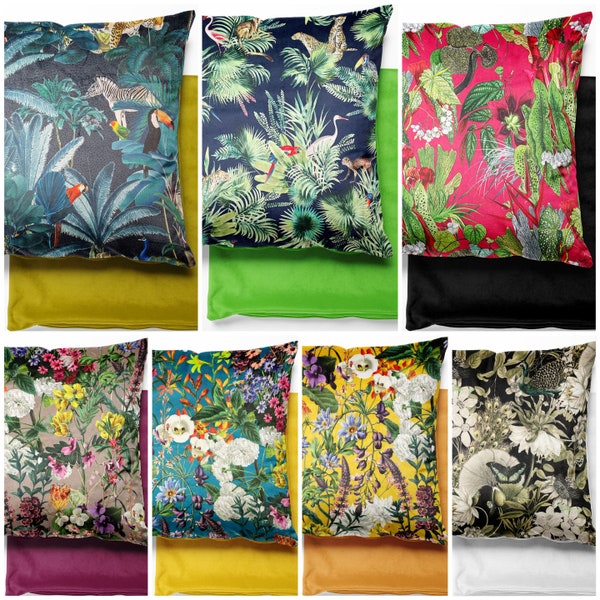 Tropical Velvet Cushion Covers - Botanical, Floral, Exotic, Premium Quality - Square Cushion Cover 46cm x 46cm Lounge Decor