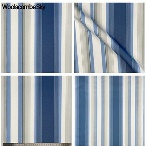 Puede incluir: Tela Woollacombe Sky con un patr&oacute;n a rayas en tonos azules, blancos y grises. La tela se muestra en cuatro vistas diferentes, incluyendo un primer plano del tejido.