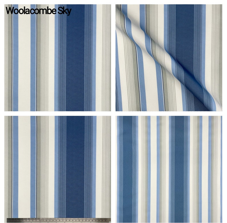 Puede incluir: Tela Woollacombe Sky con un patr&oacute;n a rayas en tonos azules, blancos y grises. La tela se muestra en cuatro vistas diferentes, incluyendo un primer plano del tejido.