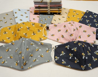 100% algodón Bumble abejas máscaras reversibles máscaras de cara crafting Smoke Grey, Pink, Ochre, azul claro, beige, azul marino, gris claro
