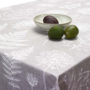 Oilcloth Wipe Clean Tablecloth Fabric - Chervil Dove Grey Meadow Ferns Oilcloth - Round, Rectangle or Square Wipeable Table Cover
