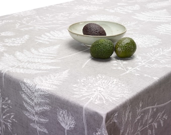 Oilcloth Wipe Clean Tablecloth Fabric - Chervil Dove Grey Meadow Ferns Oilcloth - Round, Rectangle or Square Wipeable Table Cover