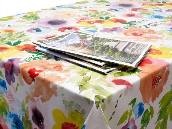 PVC Vinyl Wipe Clean Tablecloth - Multi Watercolour Floral Design PVC - Round, Rectangle or Square
