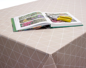 PVC Vinyl Wipe Clean Tablecloth - Taupe/Beige Geometric Triangles - Round, Rectangle or Square - Wipeable,By the Metre,Waterproof Top Layer