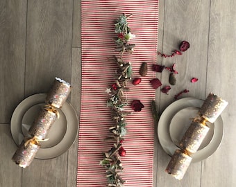 Rustic Linen Red Stripe Christmas Table Runner | 30cm Width | 200cm - 320cm Length | Home Decor for Kitchen, Festive Tableware Xmas Runner