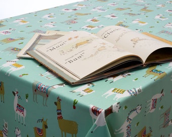 Oilcloth Wipe Clean Tablecloth Fabric - Duck Egg Alpacas / Llamas - Round, Rectangle or Square