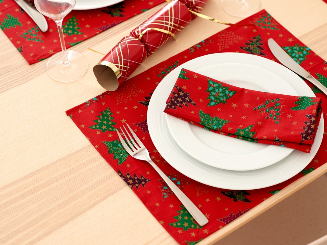 Christmas Placemats Set Red & Green Christmas Trees Festive Fabric