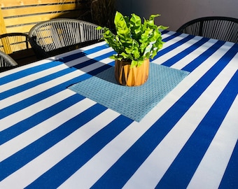 Outdoor Water Repellent Fabric Tablecloth - Blue and White Stripe Outdoor/Indoor Waterproof Tablecloth 150cm Wide, Cushions, Furniture Cover