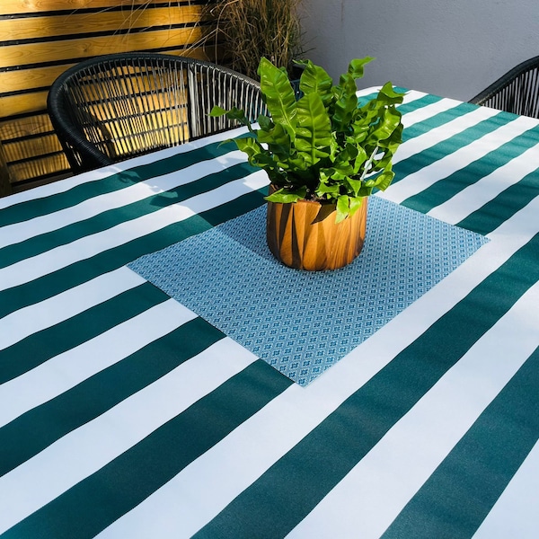 Outdoor Water Repellent Fabric Tablecloth - Green/White Stripes Outdoor/Indoor Waterproof Tablecloth 150cm Wide, Cushions, Furniture Cover