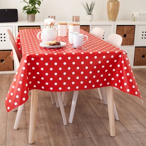 PVC Vinyl Wipe Clean Tablecloth - Red and White Polka Dot - Round, Rectangle and Square
