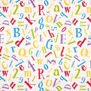 May include: A white background with a colourful pattern of letters and numbers. The letters and numbers are in a variety of fonts and sizes. The colours are red, orange, yellow, green, blue, purple, and pink.