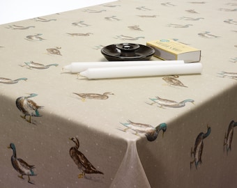 Oilcloth Wipe Clean Tablecloth Fabric - Natural Brown Ducks/Mallards Animal Design - Round, Rectangle or Square