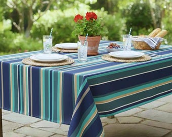 Outdoor Water Repellent Fabric Tablecloth-Whitley Bay Blue Stripes Outdoor/Indoor Waterproof Tablecloth 150cm Wide, Cushions,Furniture Cover
