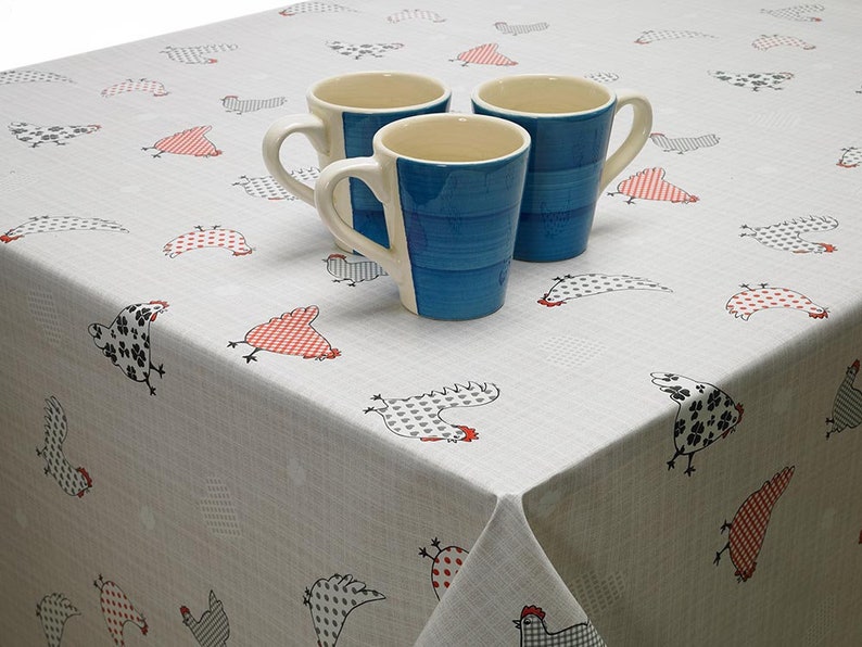 LOVE CHICKENS GREY VINYL WIPE CLEAN PVC TABLECLOTH MANY SIZES