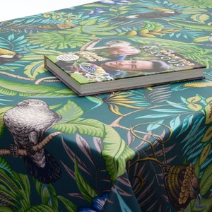 Oilcloth Tablecloth Duck Egg Toucans Monkeys and Parrots Tropical Matt Finish Oilcloth Wipe clean Tablecloth - Round, Rectangle or Square