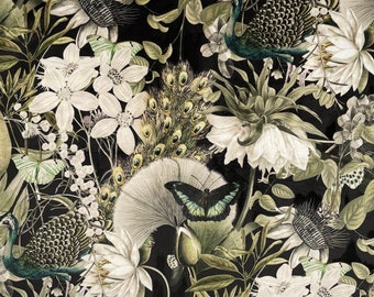 Curtain Velvet Utopia Black Birds and Floral Curtain and Upholstery Fabric Perfect for Curtains, Upholstery & Crafts