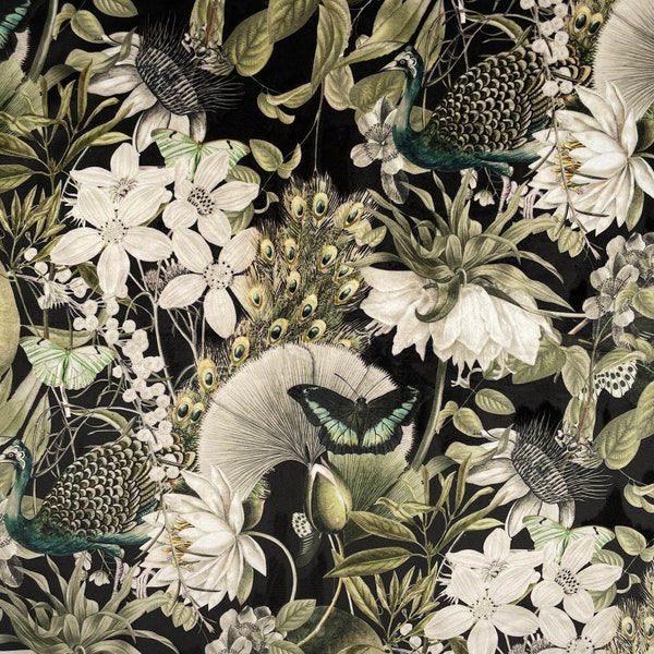 Curtain Velvet Utopia Black Birds and Floral Curtain and Upholstery Fabric Perfect for Curtains, Upholstery & Crafts