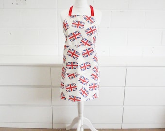 Fabric Union Jack Adult Cooking Apron Kings Coronation Adjustable Neck Double Pocket 76cm & 85cm Length Available Red White Blue